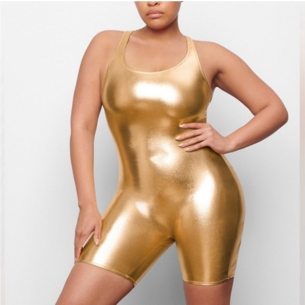 NWT SKIMS Gold Sleeveless One Piece Romper Swimsuit Size Medium
